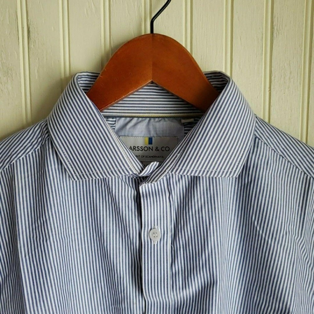 Larsson & Co Dress Shirt Mens 15.5 Blue Stripe Long Sleeve Button Front Woven
